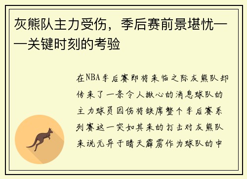 灰熊队主力受伤，季后赛前景堪忧——关键时刻的考验